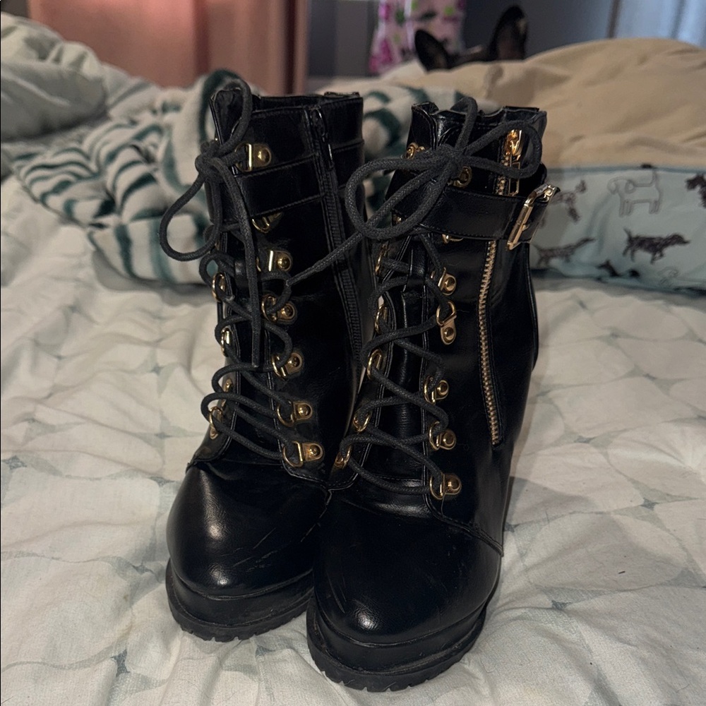 Shoe Dazzle Black Lace-Up Boots with Gold Accents